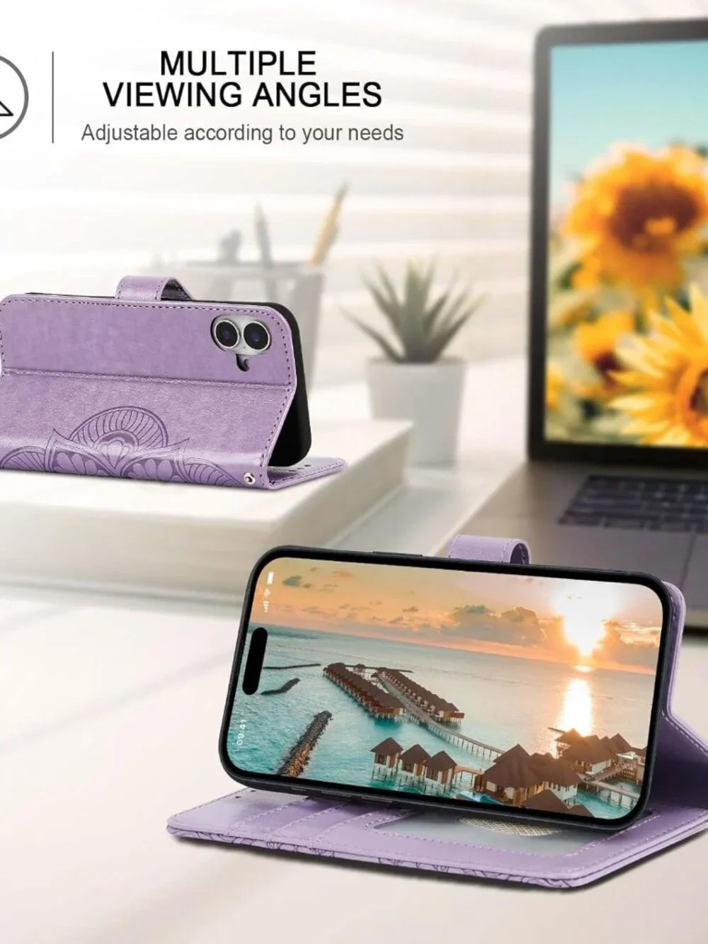 iPhone 16 Wallet Case RFID Blocking 3 Card Holder Stand PU Leather Light Purple
